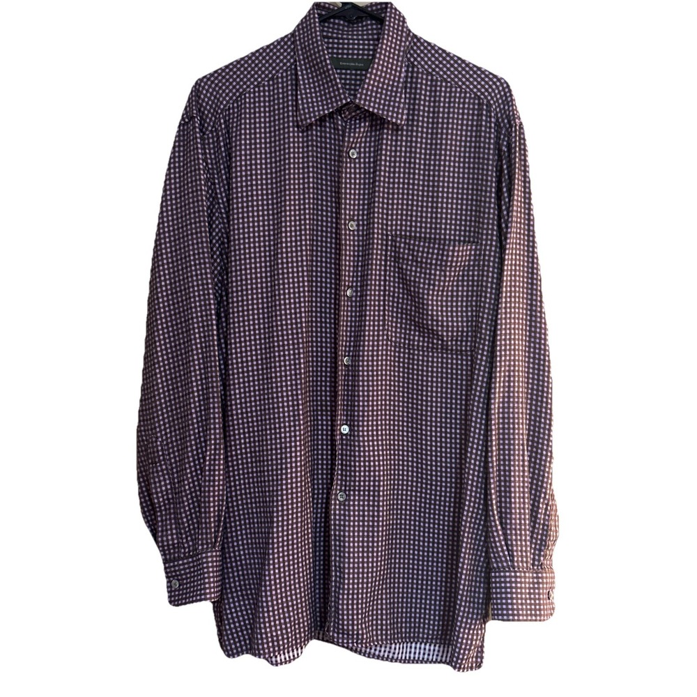 Ermenegildo Zegna Men's L Long Sleeve Button Up Purple Brown Gingham - Picture 2 of 16